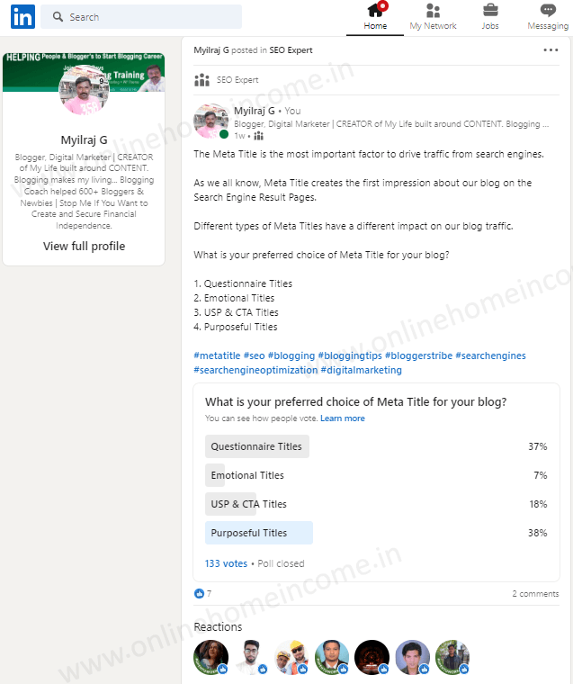 Study of Meta Title Conducted on myLinkedin Profile